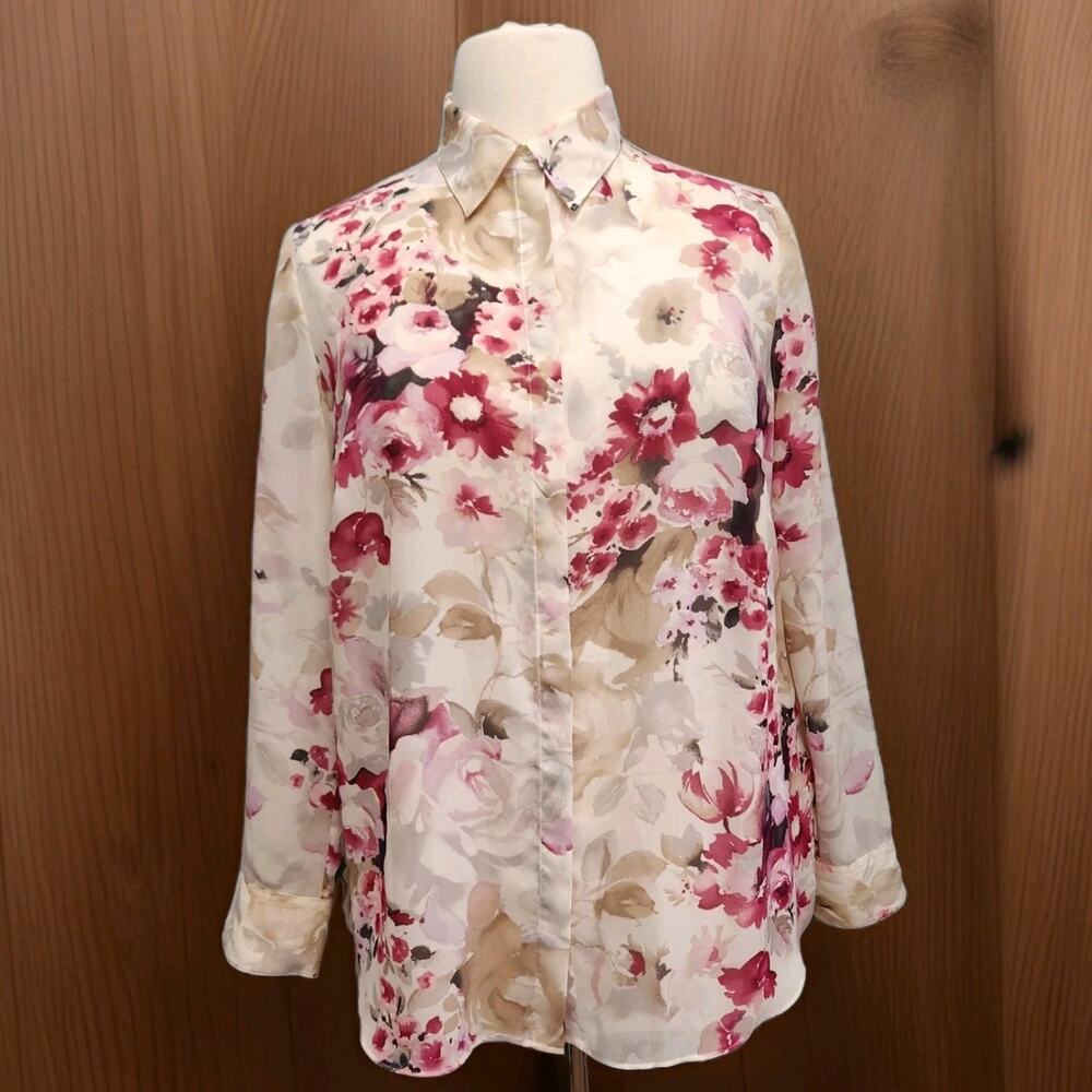 Chaps Pink & Cream Pleated Floral Long Sleeve Button Up Size Blouse 1X Round Hem